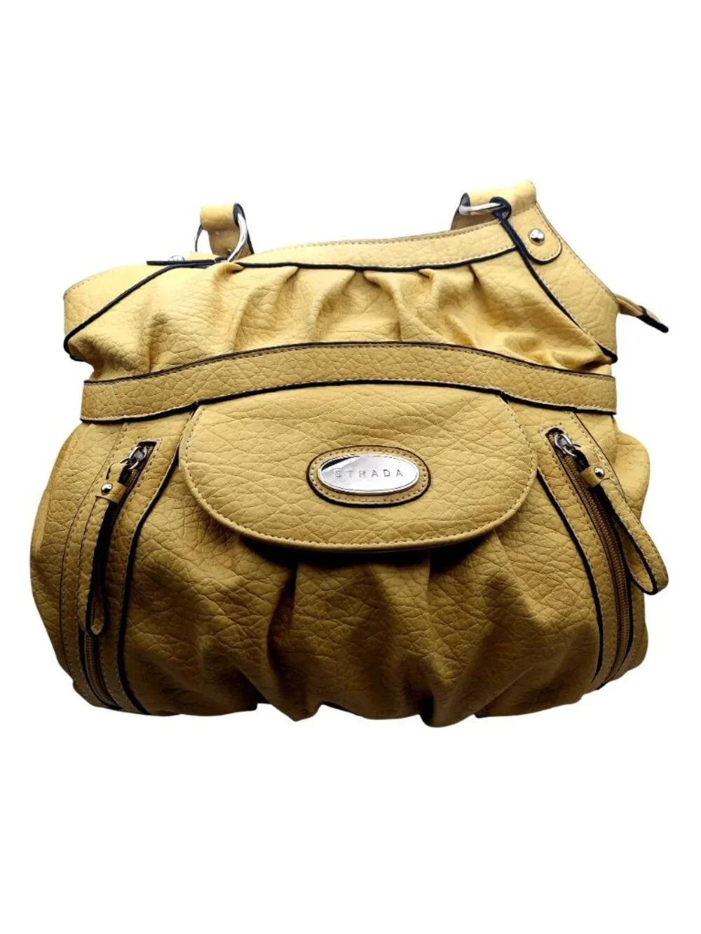 Strada Faux Leather Tote Bag Purse Yellow Braided Handles Zip Top Lined Pockets
